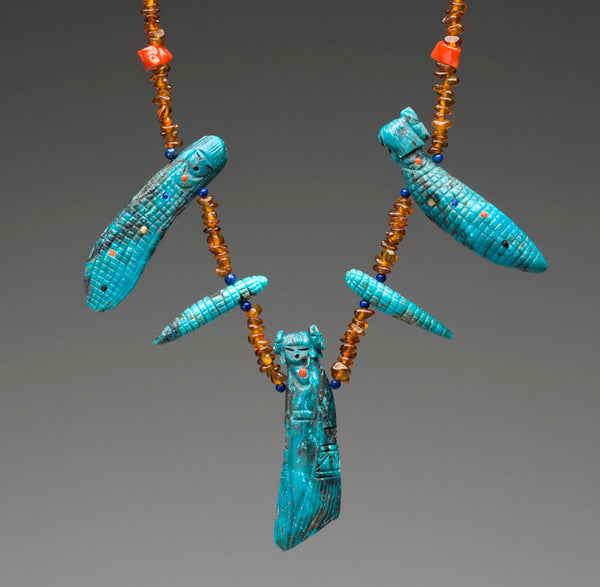 Reversible Kingman Turquoise Maiden & Grandmother Fetish Necklace