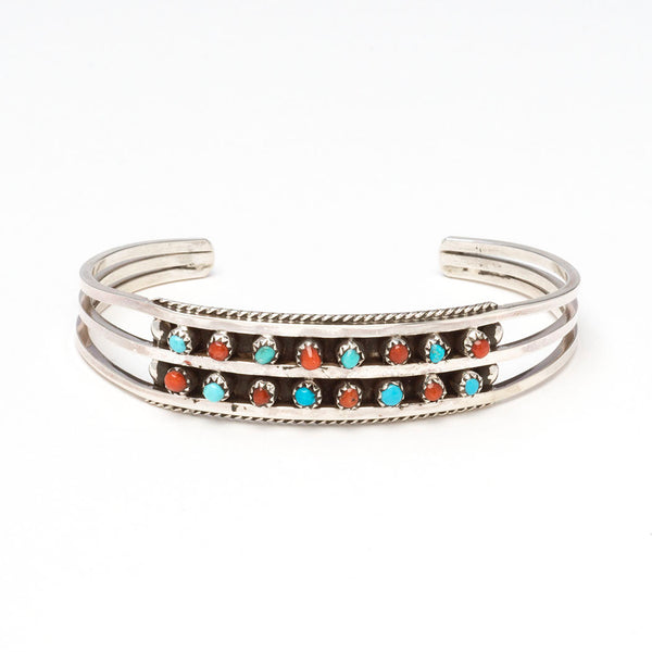Turquoise & Red Coral Double Row Cuff Bracelet