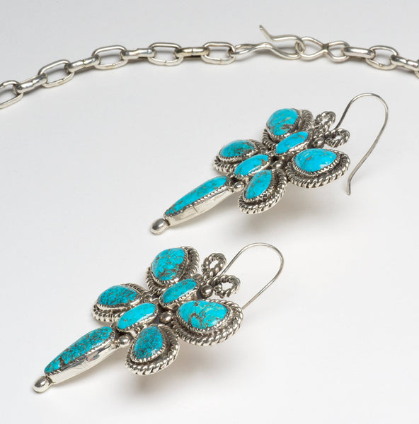 Davis Kaamasee Zuni Handmade Sterling and Kingman Turquoise Dangle Earrings