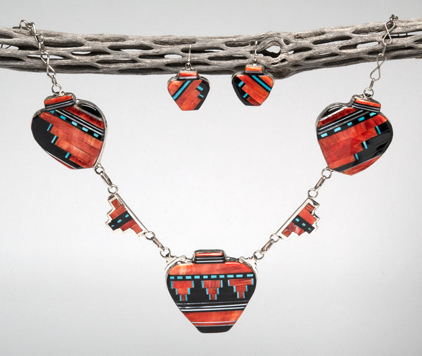 Sterling Silver, Spiny Oyster Shell, Sleeping Beauty Turquoise, Mother-Of-Pearl & Jet Inlaid Pot Necklace & Earrings Set