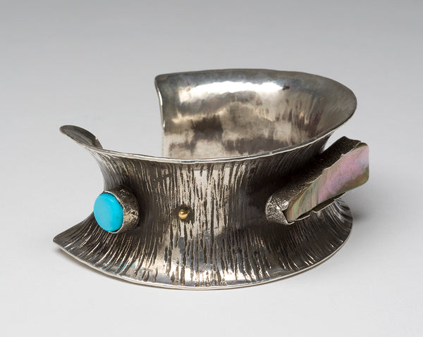 Sleeping Beauty Turquoise, Abalone, 18K Gold & Reticulated Sterling Silver Cuff Bracelet