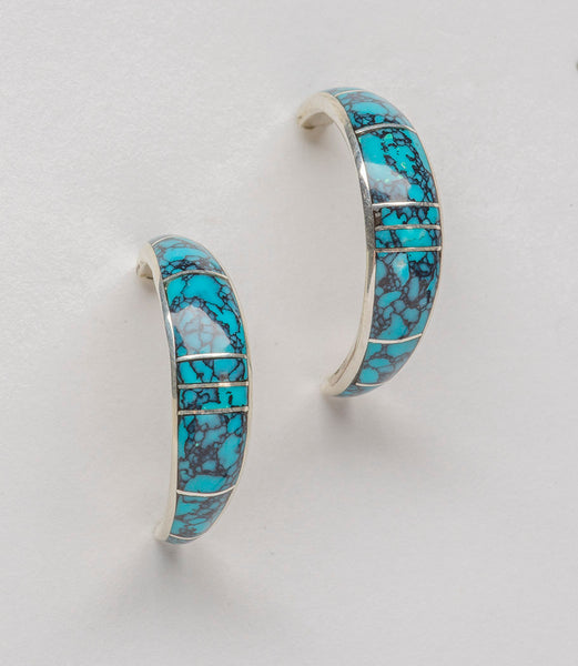 Inlaid Spider Web Turquoise Half Hoop Earrings