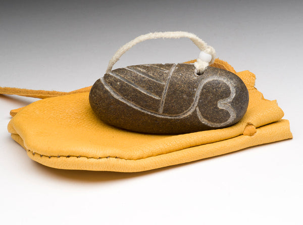 Small Owl Of Found Stone With Leather Pouch