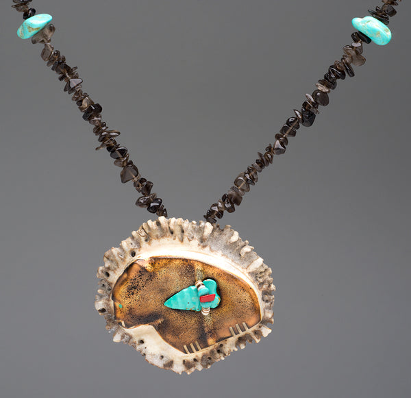 Reversible Antler Bear Necklace With Smoky Quartz Beads