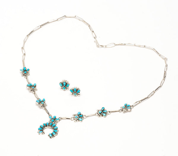 Kingman Turquoise Squash Blossom Necklace & Earrings Set