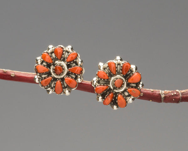 Small Red Coral Cluster Work Earrings