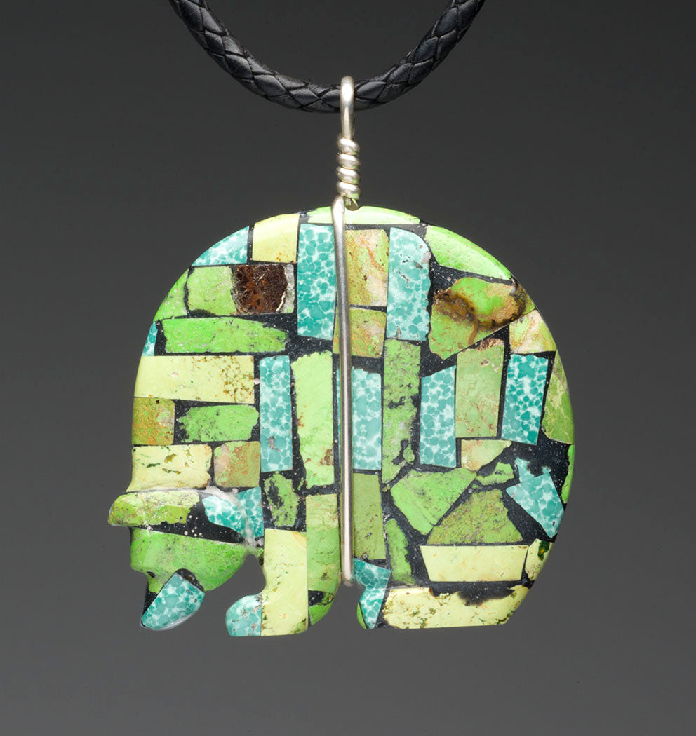 Mongolian Turquoise & Natural Gaspeite Mosaic Bear Fetish Pendant Necklace