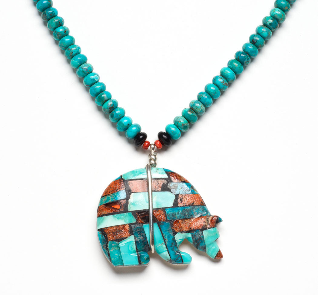 Reversible Mosaic Medicine Bear Fetish Pendant Necklace