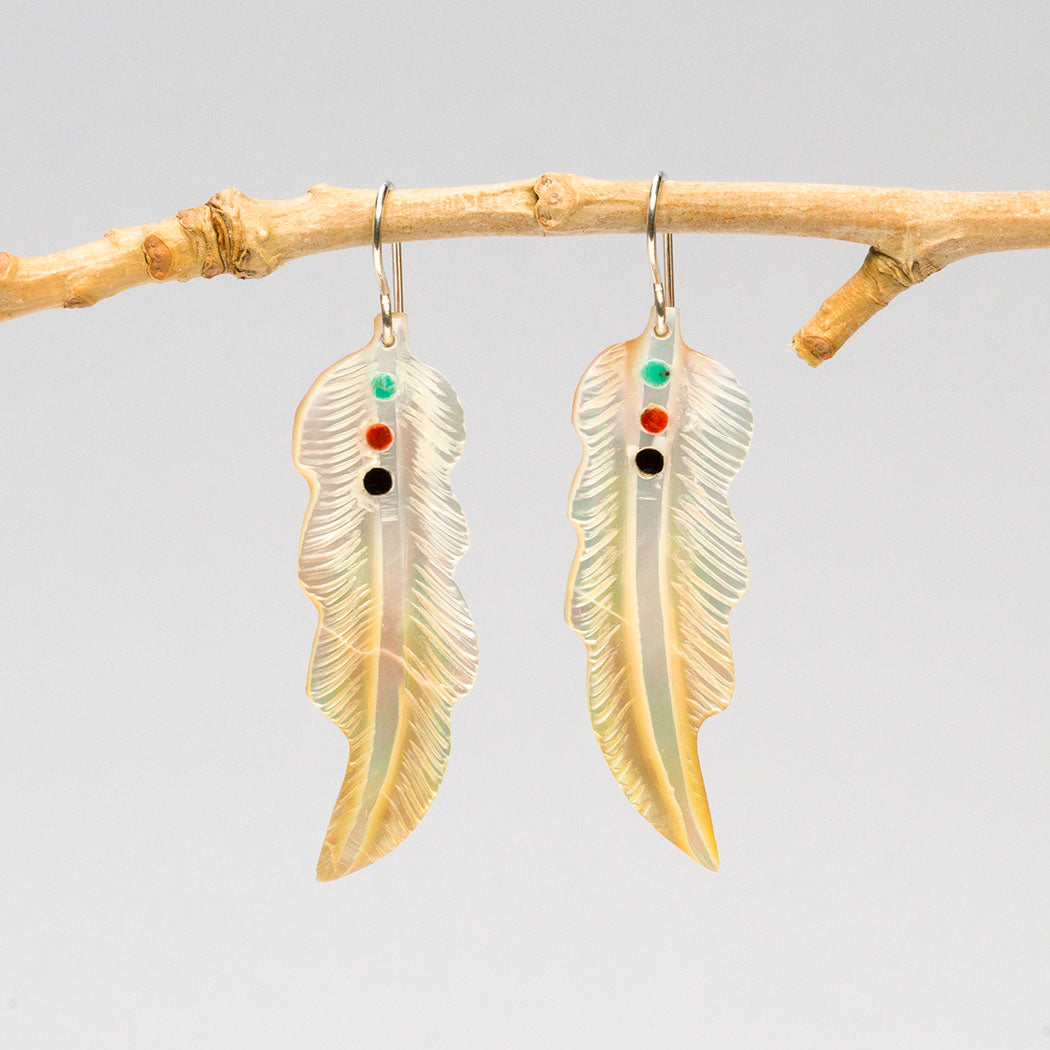 Carved Gold Lip Shell Feather Earrings