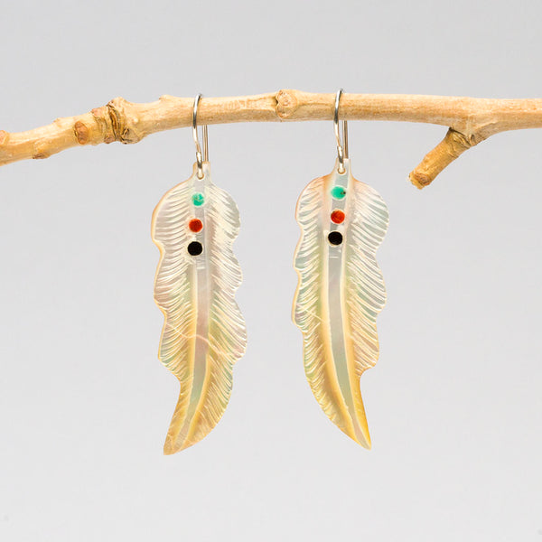 Carved Gold Lip Shell Feather Earrings