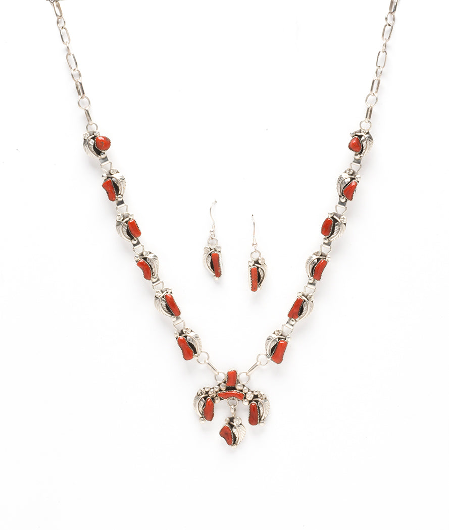 Navajo Red Coral Squash Blossom Necklace Earring Set - Native American  Jewelry Sets, Native American Necklaces, Navajo Jewelry