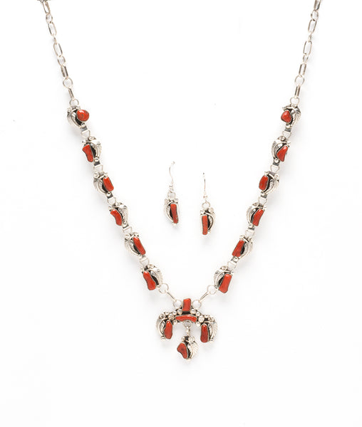 Navajo Petite Children's Turquoise & Red Coral Squash Blossom Necklace Set  - Phil & Lenore Garcia - Native American | Native American Jewelry