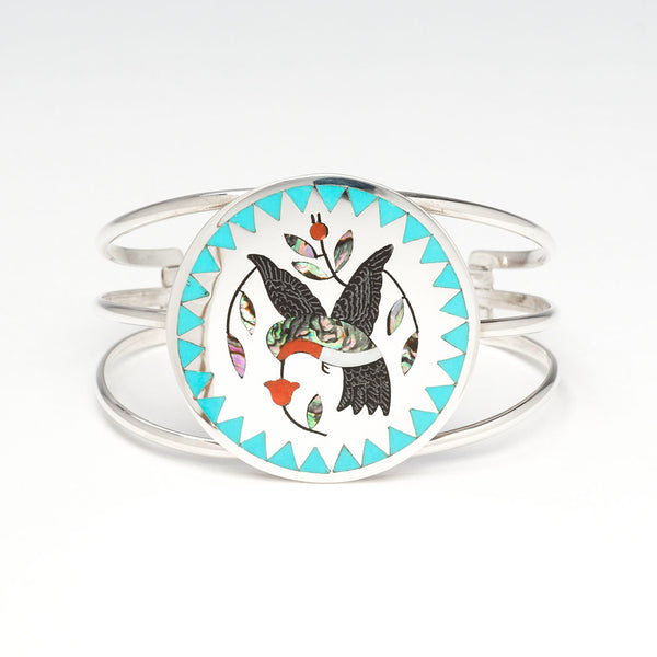 Hovering Hummingbird Inlay Overlay Cuff Bracelet