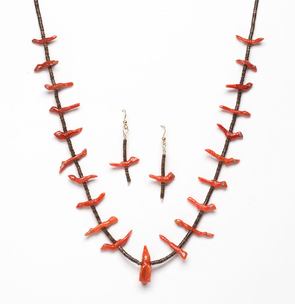 Red Coral Birds & Bushytails Necklace & Earrings Set