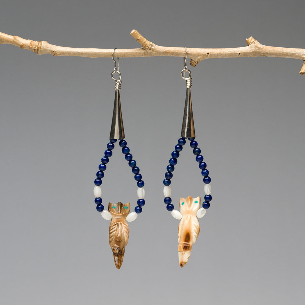 Carved Fossilized Ivory Owl Dangle Earrings