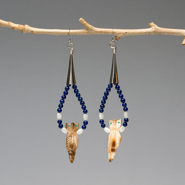 Carved Fossilized Ivory Owl Dangle Earrings