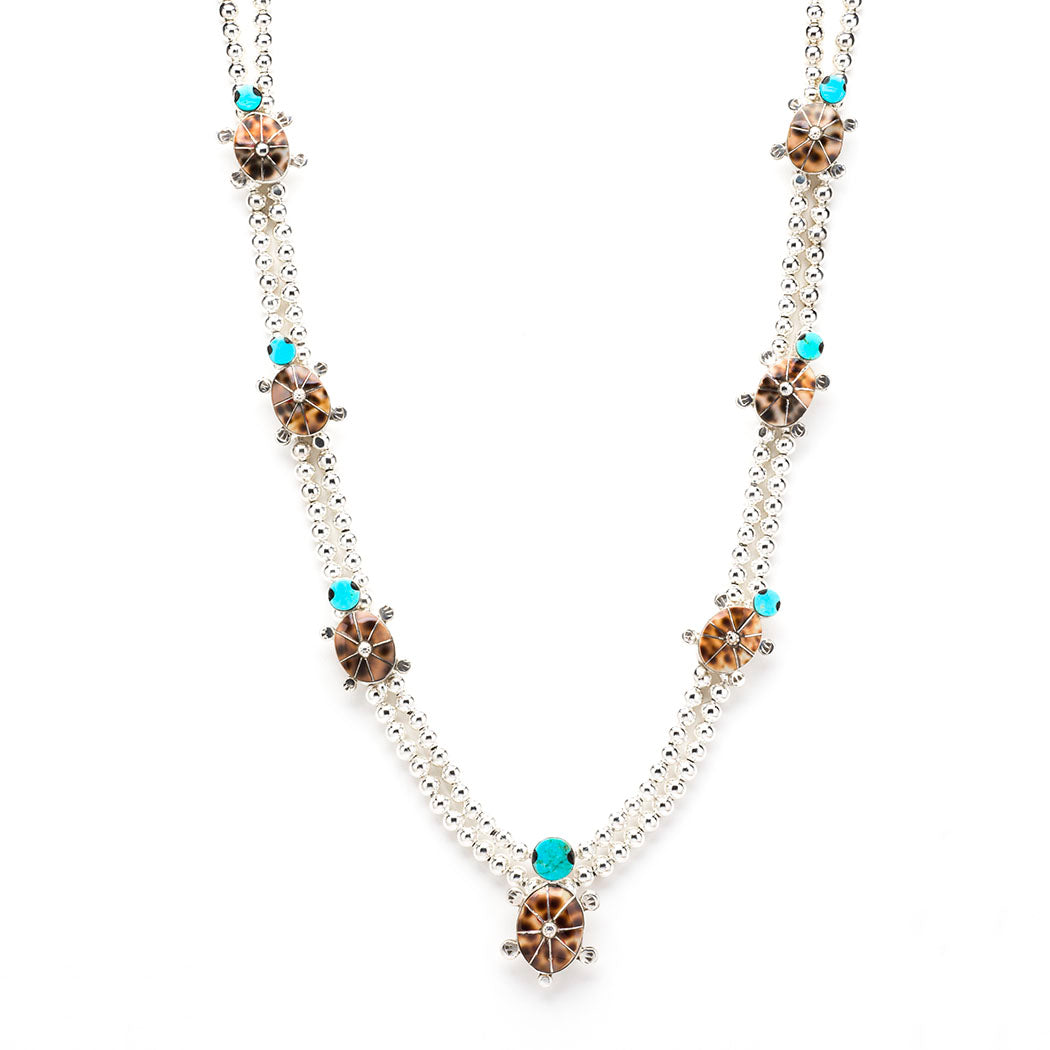 Kingman Turquoise & Cowry Shell Turtle Necklace