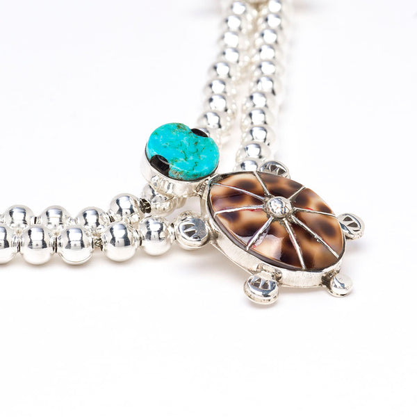 Kingman Turquoise & Cowry Shell Turtle Necklace