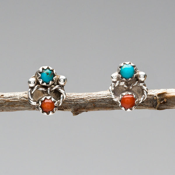 Sky Blue Turquoise & Red Coral Stud Earrings