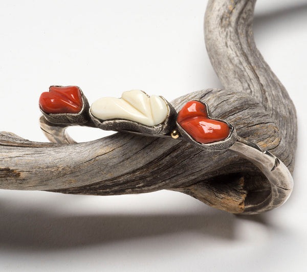 Carved Red Coral & Fossilized Ivory Cuff Bracelet