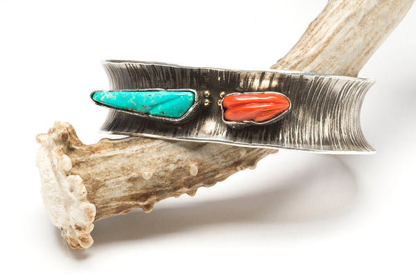 Carved Sleeping Beauty Turquoise & Coral Cuff Bracelet