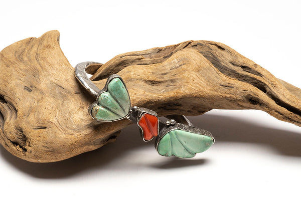Carved Turquoise & Coral Cuff Bracelet