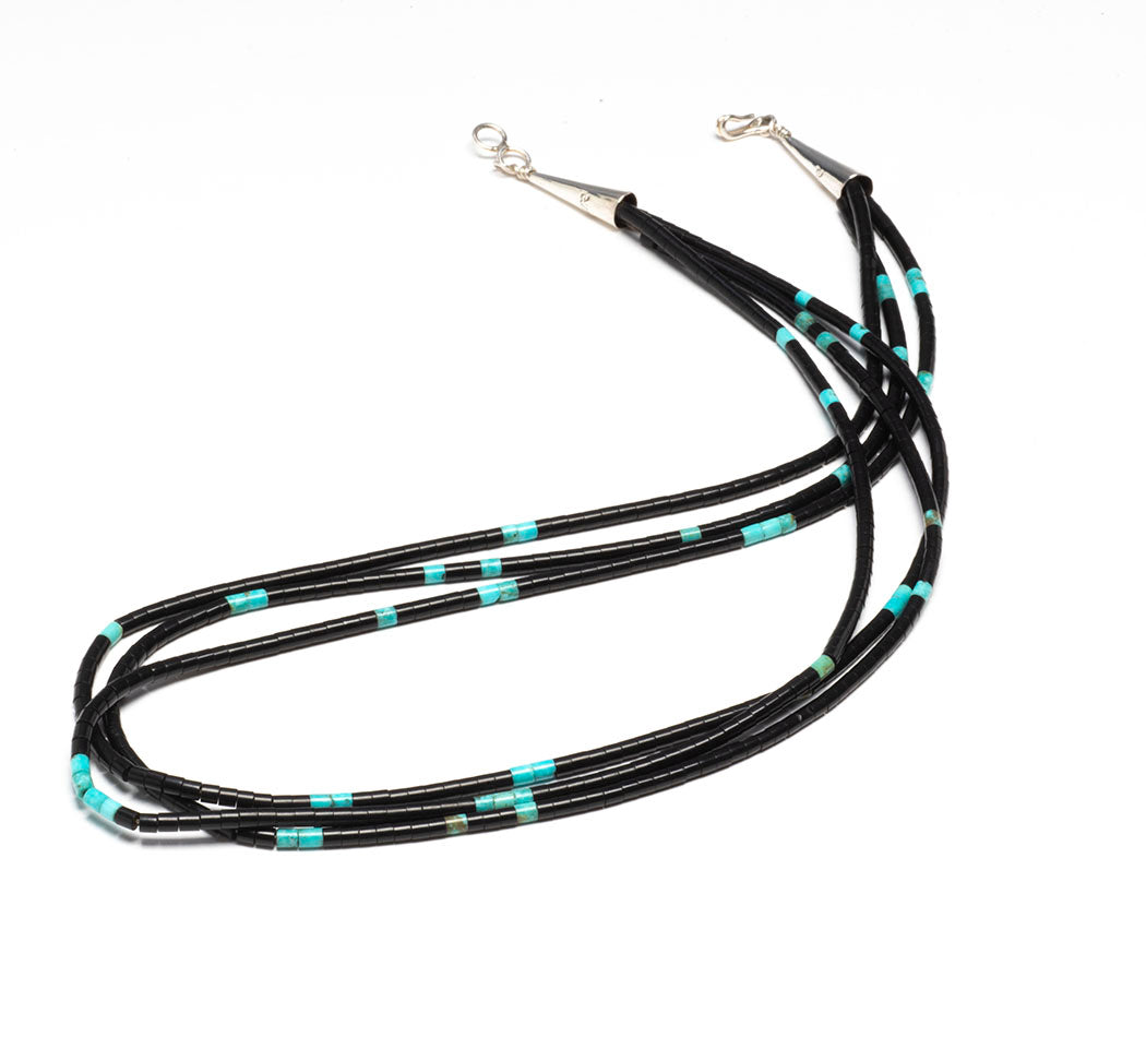 Triple Strand Jet & Turquoise Heishe Necklace