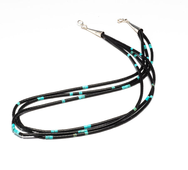 Triple Strand Jet & Turquoise Heishe Necklace