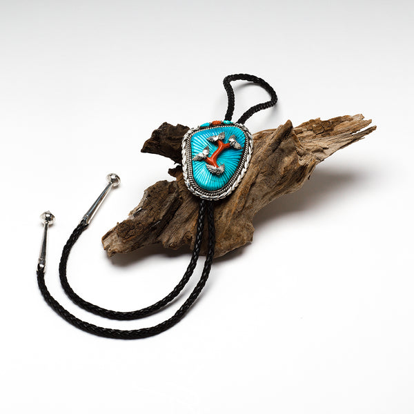 Carved Sleeping Beauty Turquoise & Branch Red Coral Bolo Tie