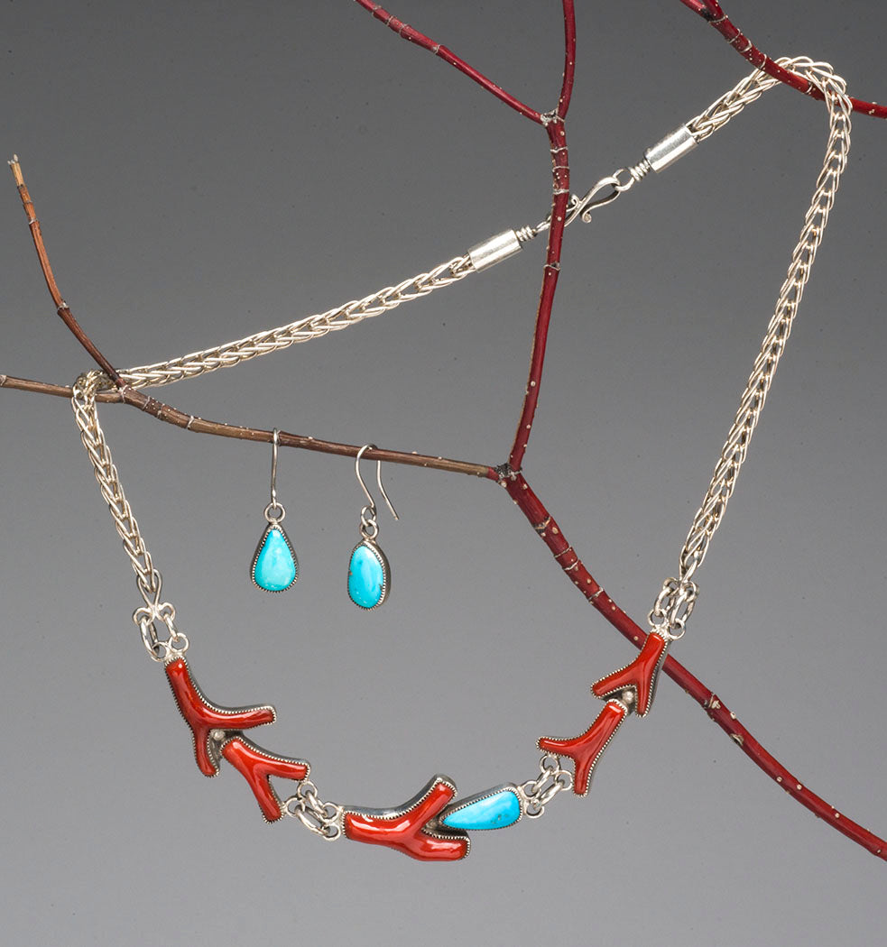 Branch Red Coral & Sleeping Beauty Turquoise Necklace & Earrings Set