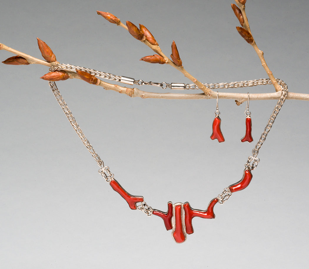 Vintage Red-orange Branch Coral Necklace Double Strand With European 835  Silver Clasp That Has Matching Coral Cabochon Accent 16, 17 Inch 