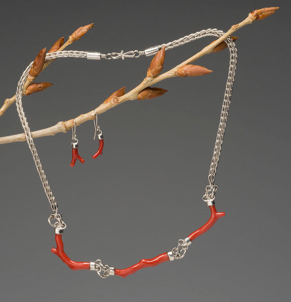 Branch Red Coral Choker Necklace & Earrings Set