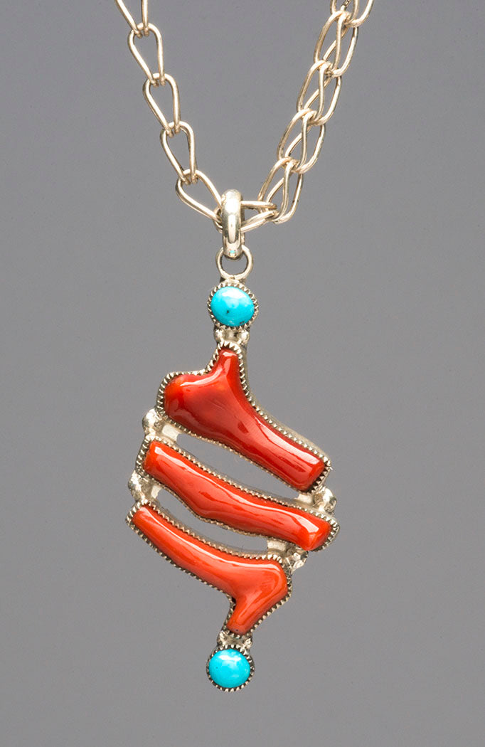 Branch Red Coral & Sleeping Beauty Turquoise Pendant Necklace