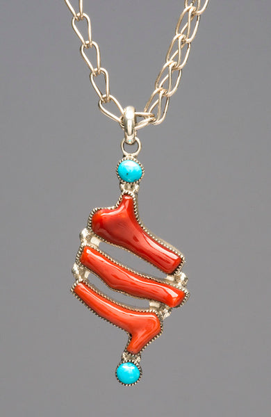 Branch Red Coral & Sleeping Beauty Turquoise Pendant Necklace