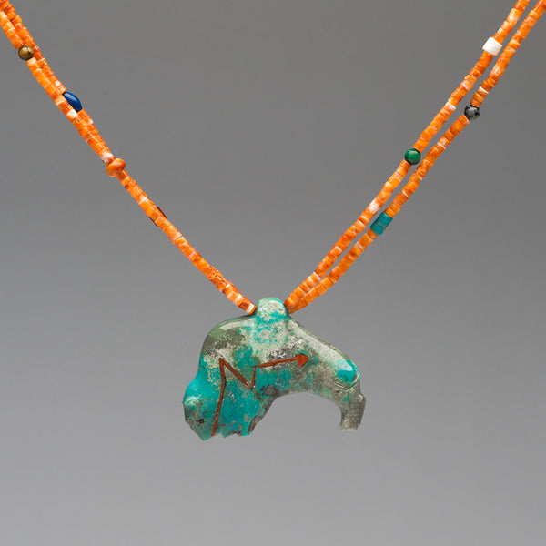 Carved Kingman Turquoise Bison Pendant Necklace