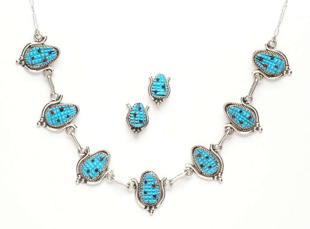 Carved Turquoise Corn Necklace & Earrings Set