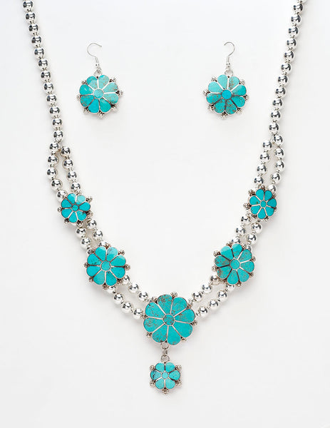 Precious Kingman Turquoise Flower Necklace & Earrings Set
