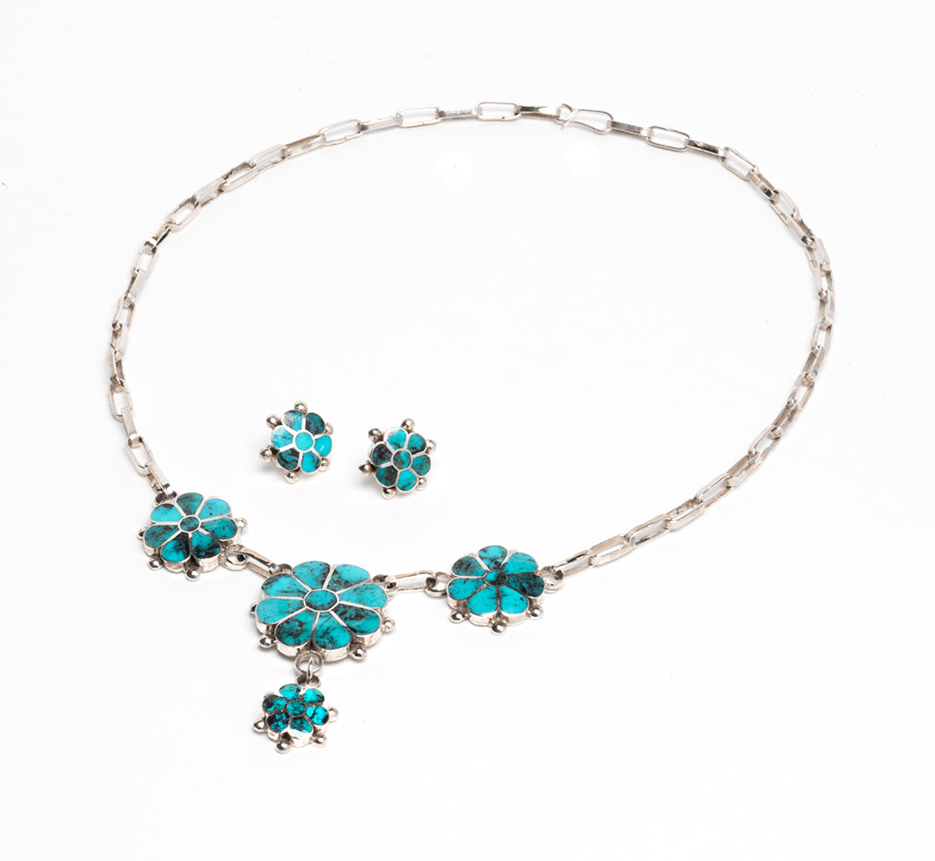 Kingman Turquoise Flower Necklace & Earrings Set