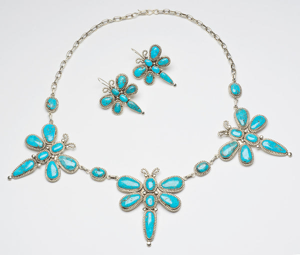 Glorious Kingman Turquoise Dragonfly Necklace & Earrings Set