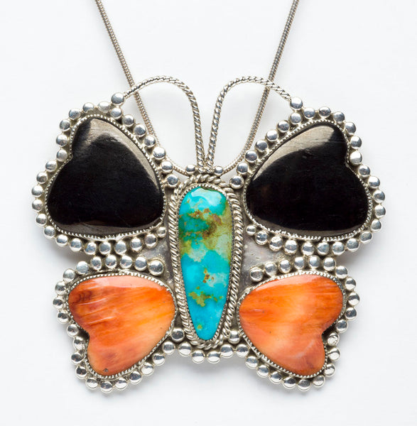Natural Sonoran Turquoise, Silverado Jet & Spiny Oyster Shell Butterfly Pin/Pendant