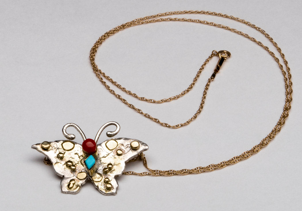 Gold, Sterling Silver, Red Coral & Sleeping Beauty Turquoise Butterfly Pendant With Chain