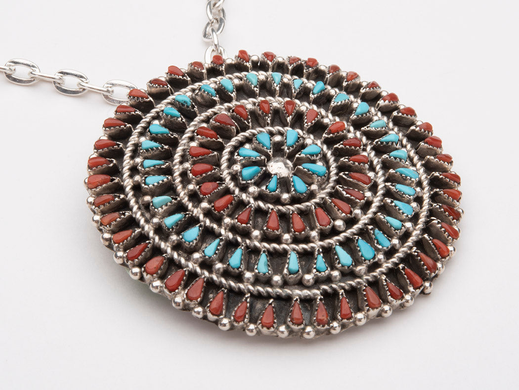 Intricate Turquoise and Coral Petit Point Pin/ Pendant