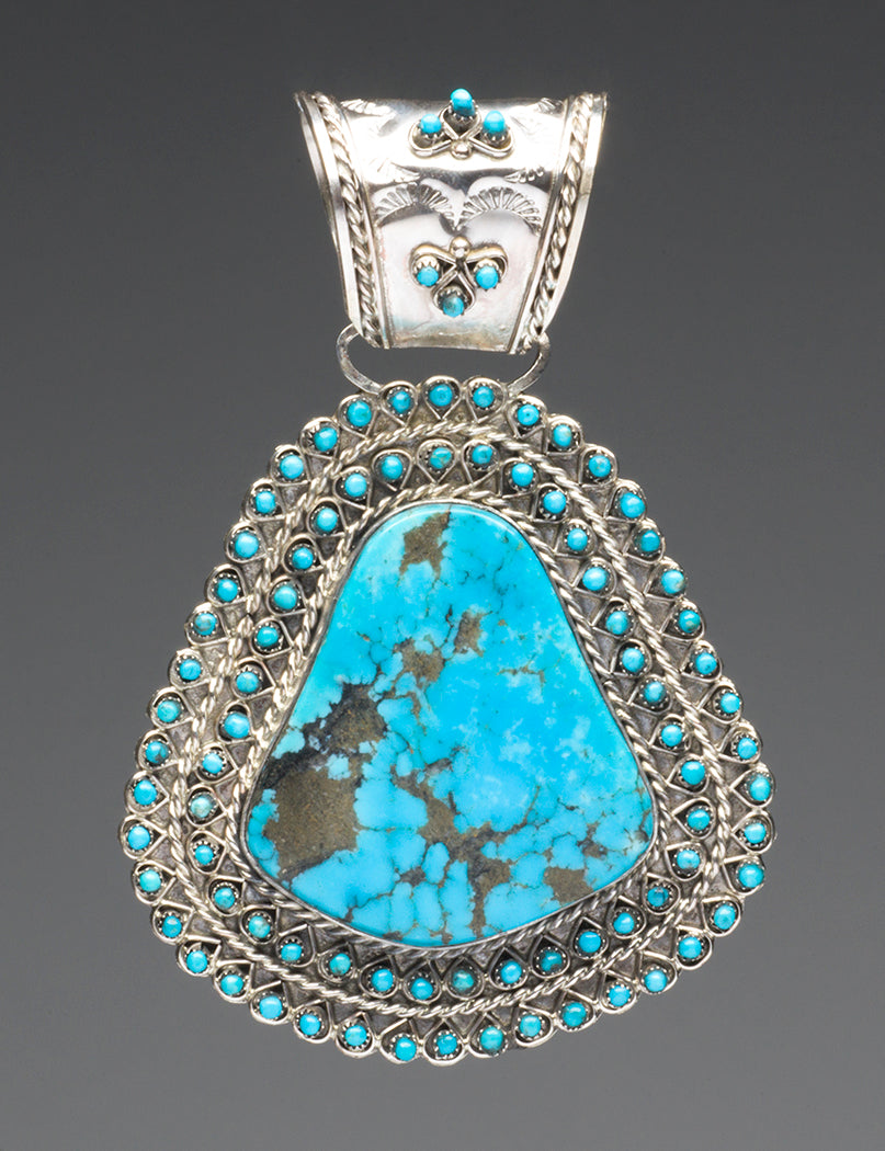 Noble Kingman Turquoise Pendant with Petit Point Border