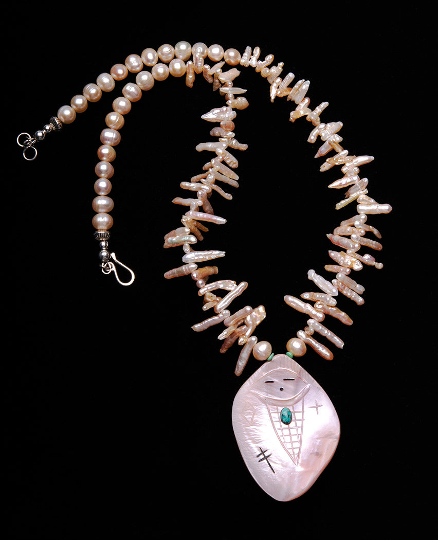 Reversible Corn Maiden Necklace Of Pink Mussel Shell & Fresh Water Pearls