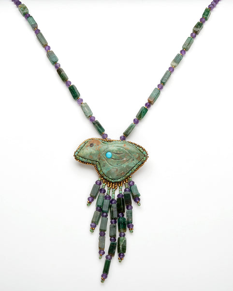 Carved Turquoise Bird With Aventurine & Amethyst Necklace