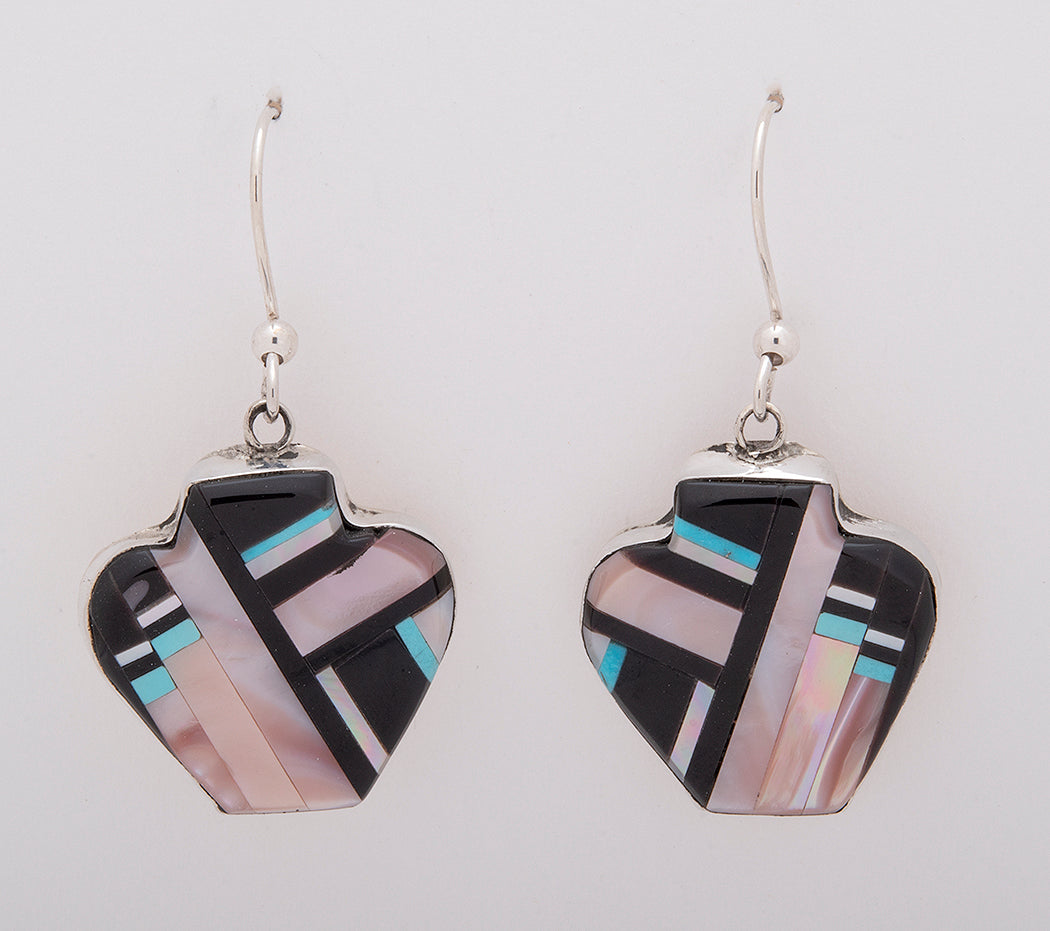 Inlaid Pen Shell, Pink Mussel Shell & Turquoise Pottery Earrings