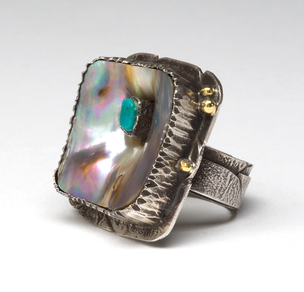 Reticulated Sterling Silver, Abalone, Kingman Turquoise & 18K Gold Ring