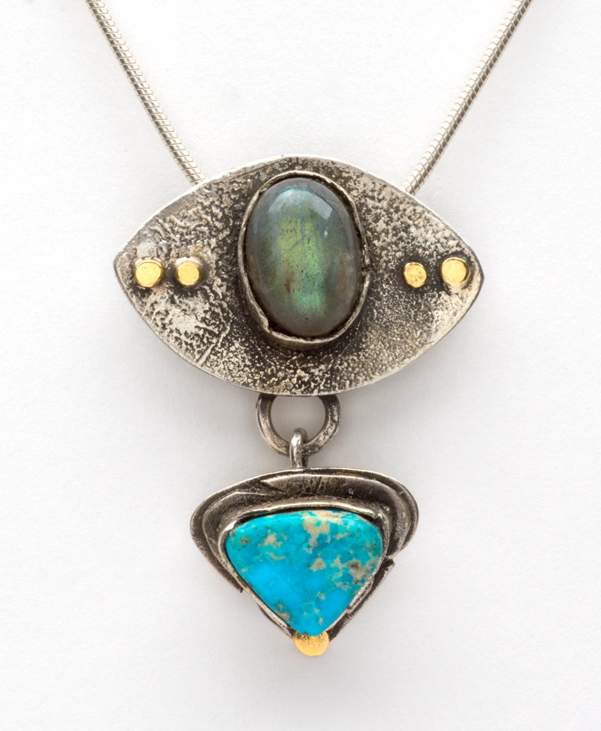 Reticulated Sterling Silver, 18K Gold, Labradorite & Turquoise Pendant