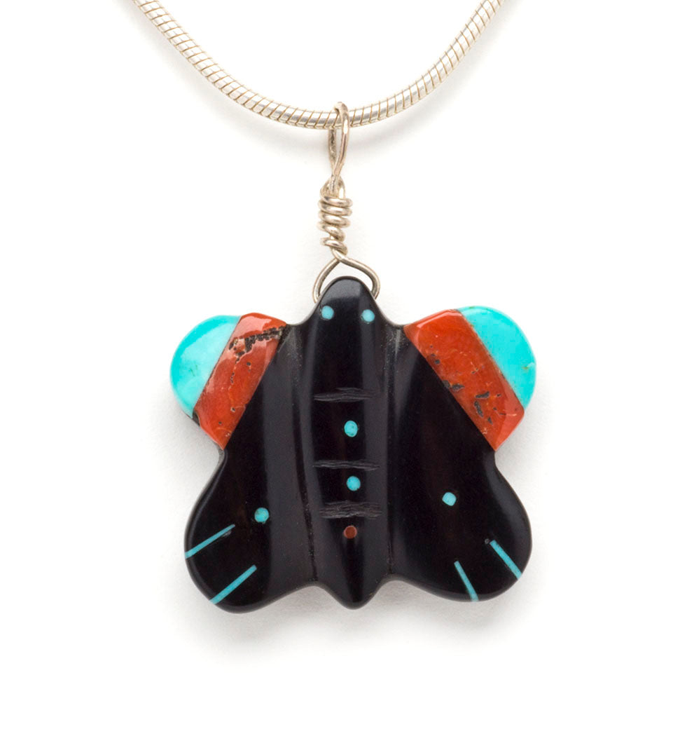 Jet, Red Coral & Turquoise Butterfly Pendant