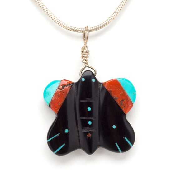 Jet, Red Coral & Turquoise Butterfly Pendant